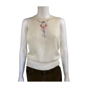 Cream Knit Sleeveless Top with Floral Embroidery | Vintage Style | Keyhole Back